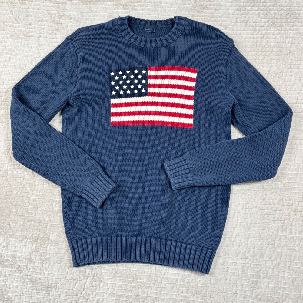 John Galt California Navy Blue American Flag Knit Crewneck Sweater One Size